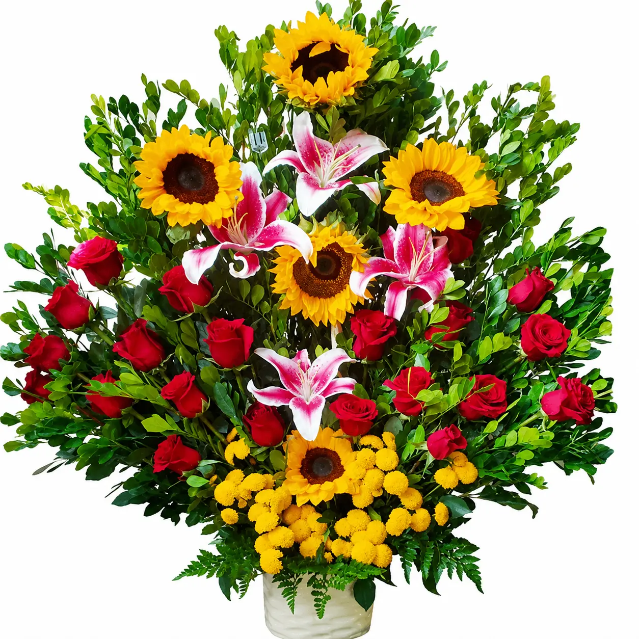 arreglo floral primaveral colorido con rosas girasoles y lirios para cumpleaños o eventos delivery de flores en Lima